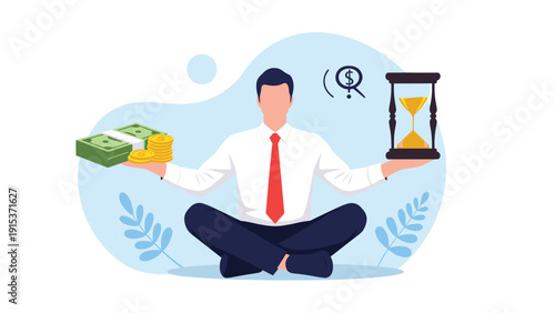 Disciplined businessman sits in a meditative pose while perfectly balancing a stack of money and an hourglass in his hands representing time management.