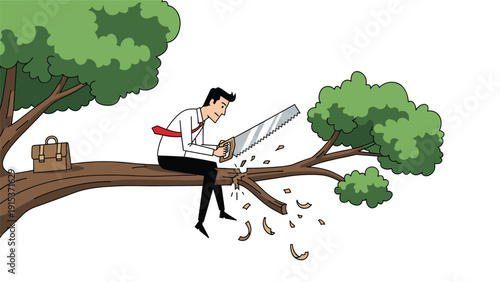 Humorous illustration of a man in a business suit sitting on a large tree branch while foolishly sawing it off between himself and the trunk.