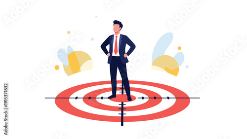 Confident businessman standing at the exact center of a large red target symbolizing goal achievement and professional success.