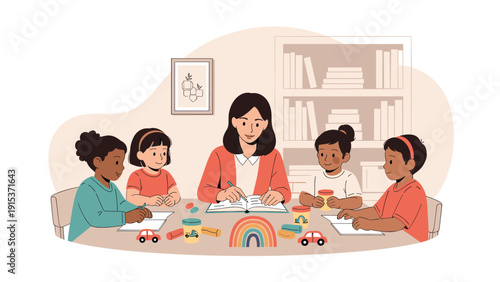 Professional female teacher conducting an interactive classroom session with a diverse group of curious elementary school children.