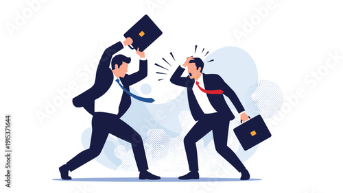 Two professional businessmen engaged in a heated argument or conflict while carrying briefcases in a modern office environment.