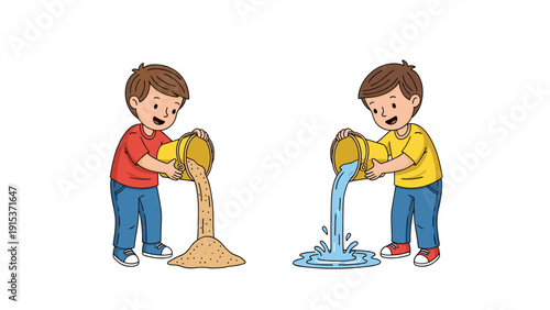 Two young boys happily playing by pouring sand and water from colorful buckets to learn about different textures and states of matter.