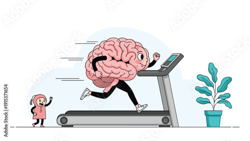 Humorous illustration of a human brain character exercising on a treadmill to symbolize mental health and consistent cognitive training.
