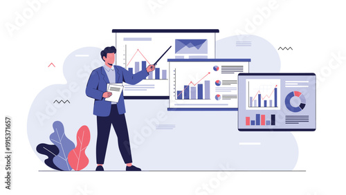 Professional financial analyst presenting complex data and statistical charts on multiple screens during a corporate business meeting.