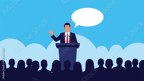 Confident public speaker addressing a large silhouette audience from a podium with a speech bubble indicating clear communication.