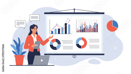Female professional explaining complex business data and market trends using a projector screen with various colorful charts and graphs.
