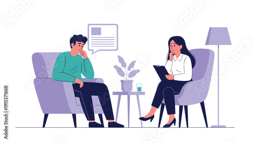 Patient discussing personal problems with a professional female psychologist during a private therapy session in a comfortable office.