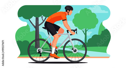 Man riding a bicycle in a park with trees and a path.