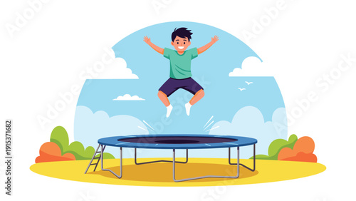 Happy young boy jumping high on a blue trampoline in an outdoor green park during a sunny summer day with white clouds in the sky.