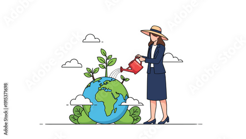 Businesswoman in a formal suit watering the planet Earth to promote environmental sustainability and global green growth initiatives.