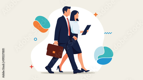 Professional businessman and businesswoman walking together to a meeting while carrying a brown briefcase and a clipboard.
