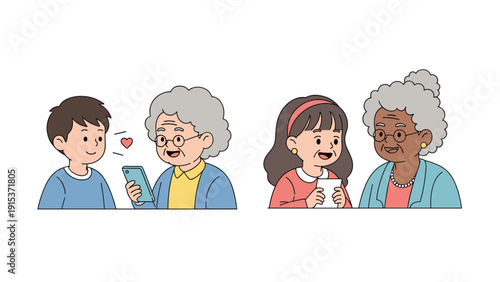 Compassionate children assisting elderly people with modern mobile technology and reading to bridge the generational gap.