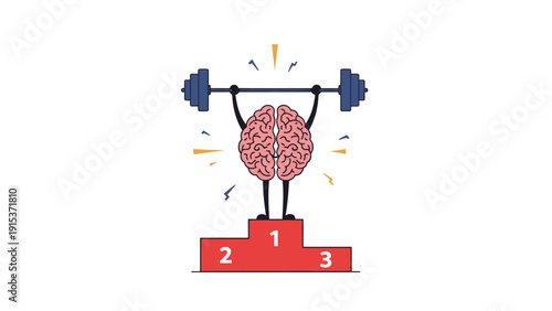 Strong human brain character lifting a heavy barbell on a winner podium to represent mental strength and intellectual success.