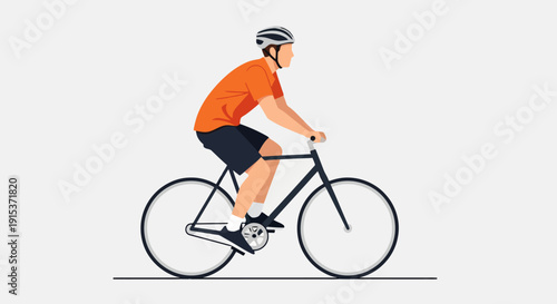 Man riding a bicycle wearing a helmet and orange shirt.