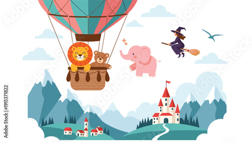 Magical fantasy illustration featuring a witch on a broomstick and animals in a hot air balloon over a fairy tale castle in the mountains.