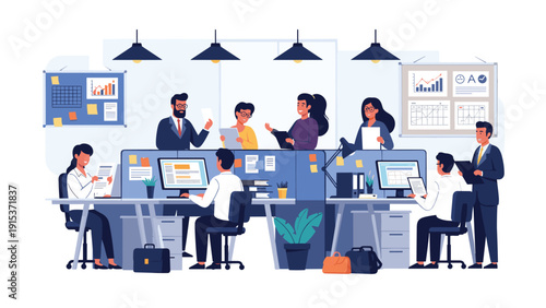 Diverse group of professional employees working in a modern open-plan office with cubicles, computers, and collaborative meeting areas.