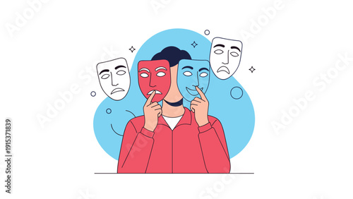 Young man holding different theatrical masks representing various emotions like sadness, happiness, and anger against a blue background.