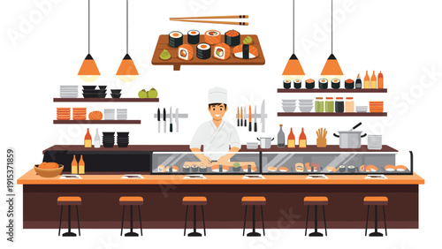 Professional sushi chef working behind a wooden bar in a traditional Japanese restaurant with various sushi rolls on display.