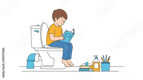 Young boy sitting on a white toilet and reading a book while practicing potty training in a clean bathroom environment with supplies.