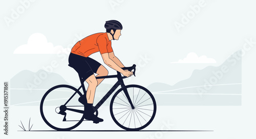 Man riding a bicycle wearing a helmet and orange shirt.