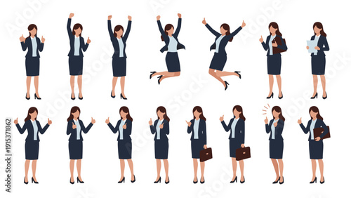Collection of business woman characters in different energetic poses such as jumping for joy and giving thumbs up in a professional suit.