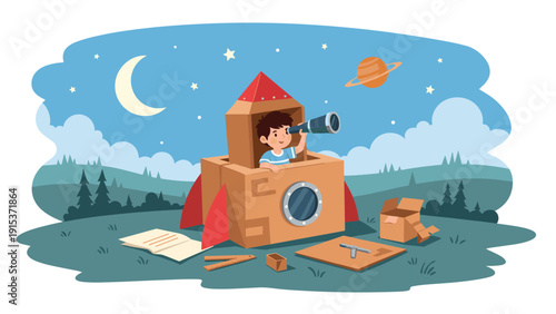 Imaginative young boy playing inside a cardboard rocket ship and looking through a telescope at the moon and stars in the night sky.