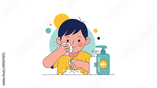 Young boy washing his face with soap and water at a bathroom sink featuring bottles of liquid soap and colorful bubbles.