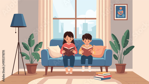Two siblings, a boy and a girl, sitting together on a blue sofa and reading books in a cozy living room with house plants.