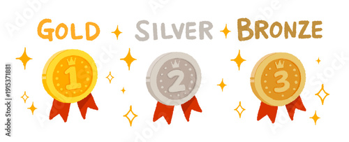 金銀銅のリボン付きメダルアイコン。ランキング・表彰・受賞デザイン用のベクターイラスト素材。手書きの文字。
