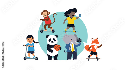 Diverse children and animals like a panda, monkey, and elephant enjoying outdoor activities on scooters, skateboards, and with cameras.