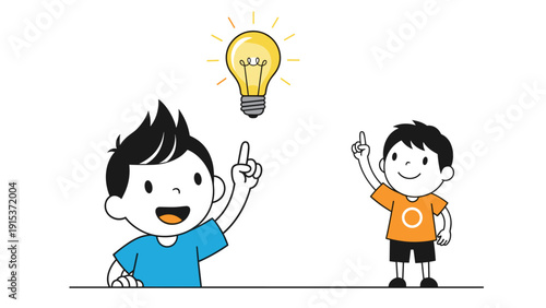 Two cheerful boys pointing at a glowing yellow light bulb floating above them, symbolizing a bright new idea or creative solution.