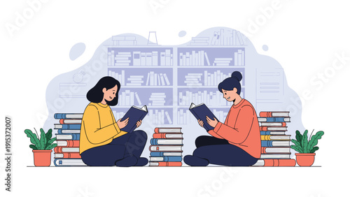 Two young women sitting on the floor of a library surrounded by stacks of books while reading peacefully in a quiet environment.