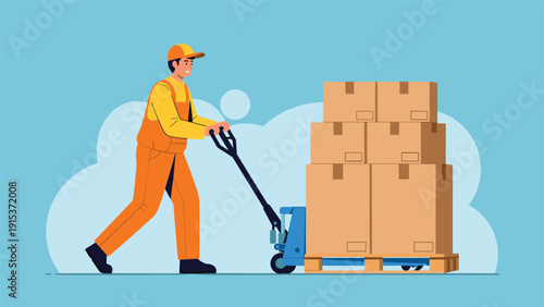 Warehouse worker in orange uniform moving a heavy stack of cardboard boxes using a manual blue pallet jack in a storage facility.