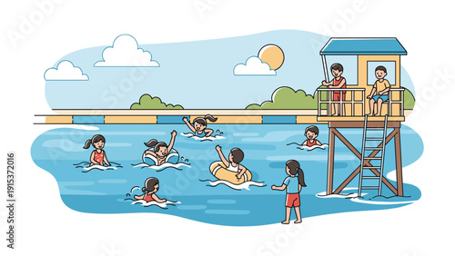 Group of happy children swimming and playing with inflatable rings in a pool while a lifeguard monitors from a high chair nearby.