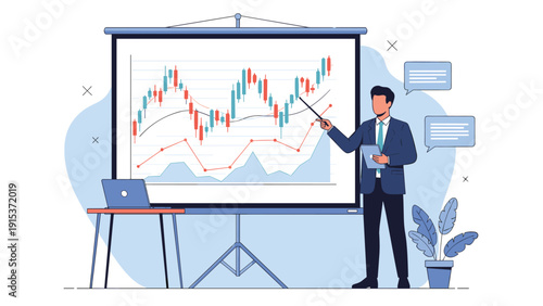 Professional businessman using a pointer to explain stock market data and candlestick charts on a large projection screen in an office.