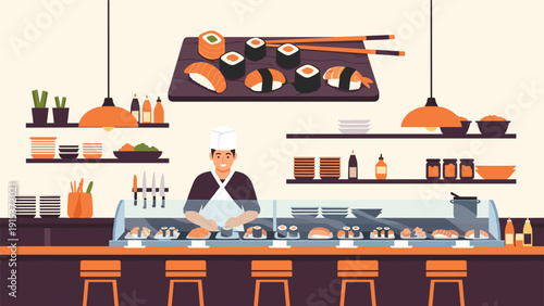 Professional sushi chef working behind a clean counter in a modern restaurant kitchen with fresh ingredients on display.