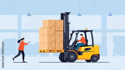 Industrial warehouse scene showing a male driver operating a yellow forklift carrying cardboard boxes while a female worker approaches.
