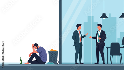 Depressed man sitting alone on the street beside a trash bin while successful businessmen talk inside a modern glass office building.