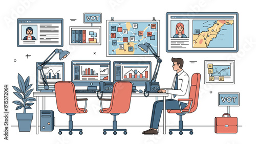 Professional man working in a high-tech control center equipped with multiple computer monitors showing data charts and maps.