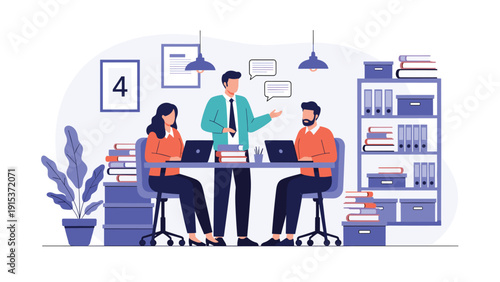 Professional colleagues working together in a modern office space with bookshelves and laptops while discussing project ideas.