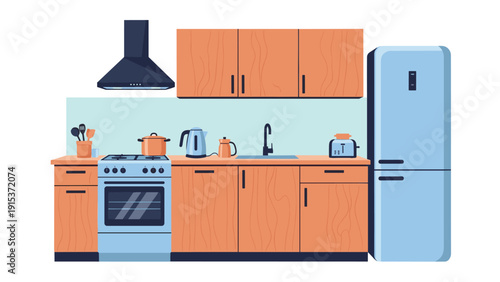 Interior design of a modern functional kitchen with clean wooden cabinets, blue refrigerator, stove, and various cooking appliances.