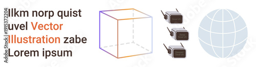 Technology, global communication, data sharing, connectivity, innovation, network systems. A cube, globe and connected nodes. Technology and global communication concepts