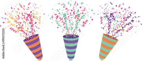 Party confetti poppers set, colorful celebration burst collection for events and festivals isolated on white background