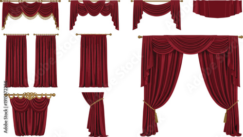 Red theater curtains set, luxury stage drapery collection with folds and tassels, classic interior decoration isolated on white