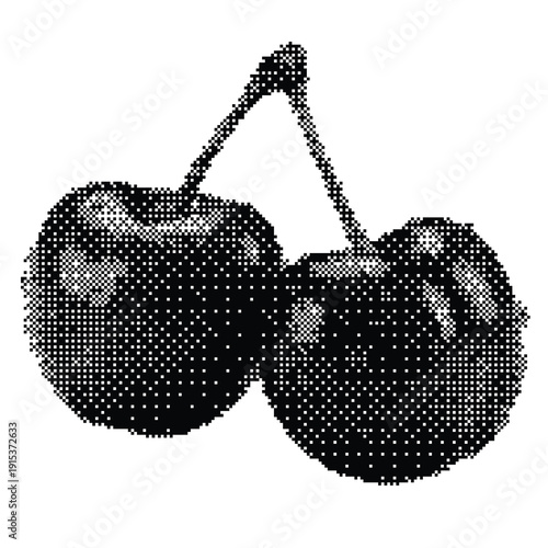 Artistic halftone illustration of two cherries connected by a stem rendered in a striking black and white dithered pixel art style against a clean white background evoking a retro