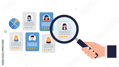 Human resources manager using a magnifying glass to review and select the best candidate profile from a group of diverse job seekers.