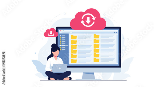 Woman using a laptop while sitting on the floor next to a giant computer screen with cloud storage and data synchronization icons.