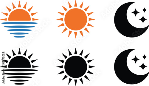 Sun and Moon Outline Icon Set Sunrise, Sunset, and Night Symbols