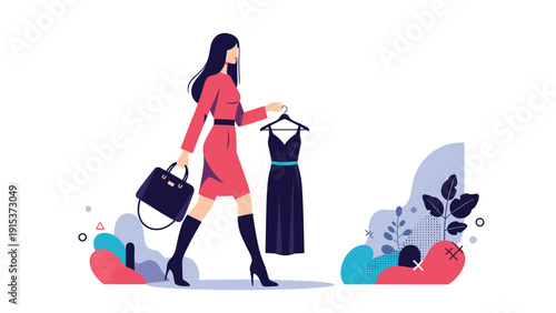 Stylish woman in a red dress carrying a black handbag and holding a new dark blue dress on a hanger after a shopping trip.
