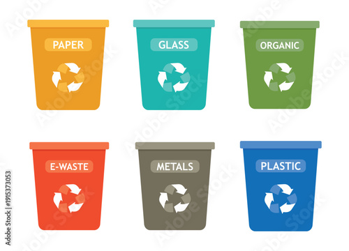 Separate waste collection. Set of 6 containers different colors with different labels. Community recycling programs, eco lifestyle
